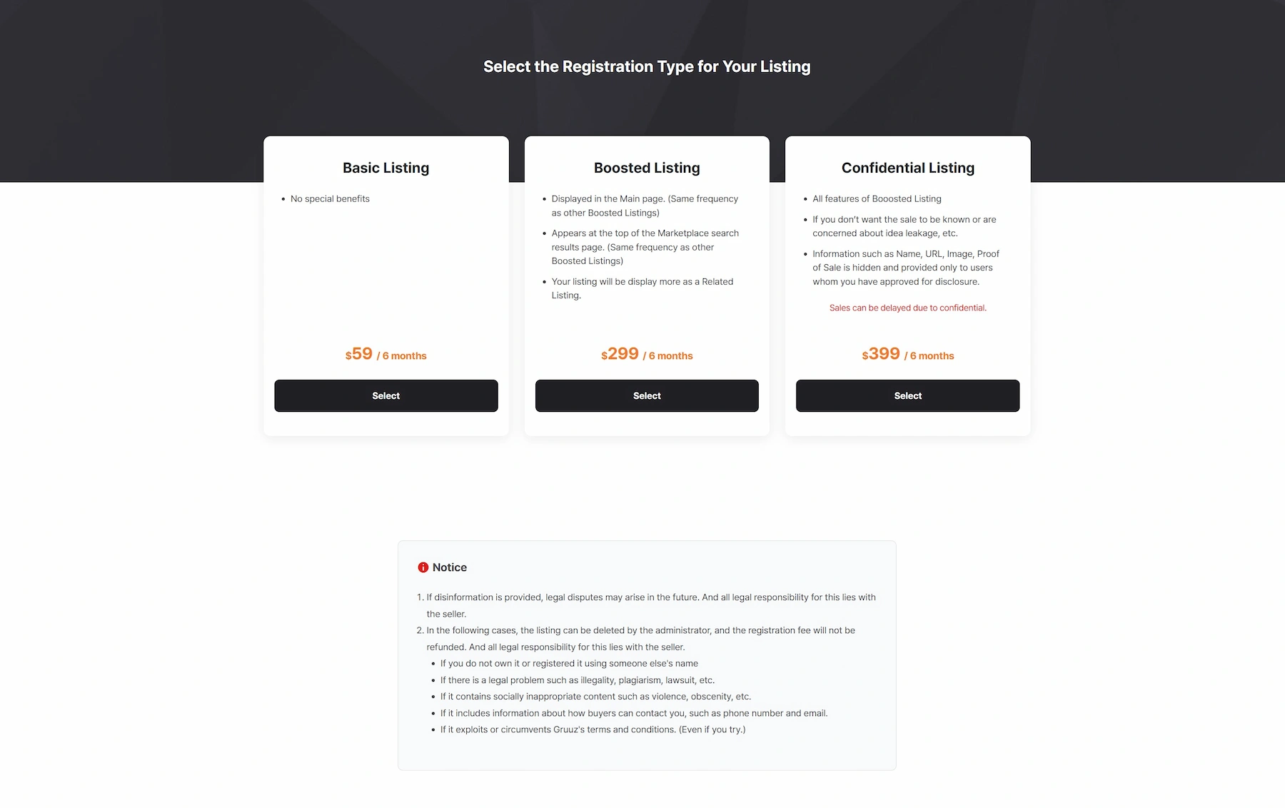 Creating a Listing on Gruzz - Step 4: Choosing Listing Type
